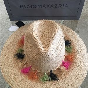 🎉BCBG MaxAzria Straw Hat with Multicolored Tassles